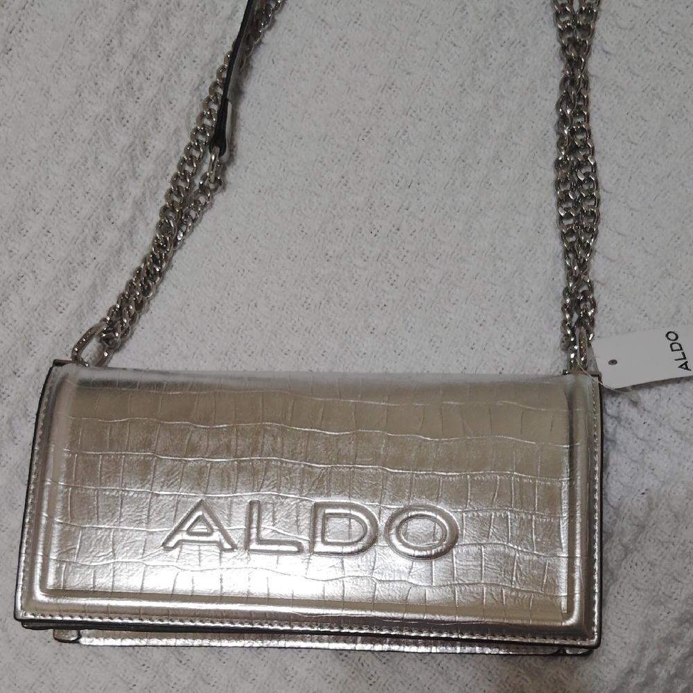 Aldo Silver Croc-Embossed Chain Bag